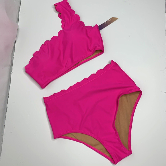 Womens 2 Piece One Shoulder Swimsuit Size Small Hot Pink High Waist - Picture 4 of 16